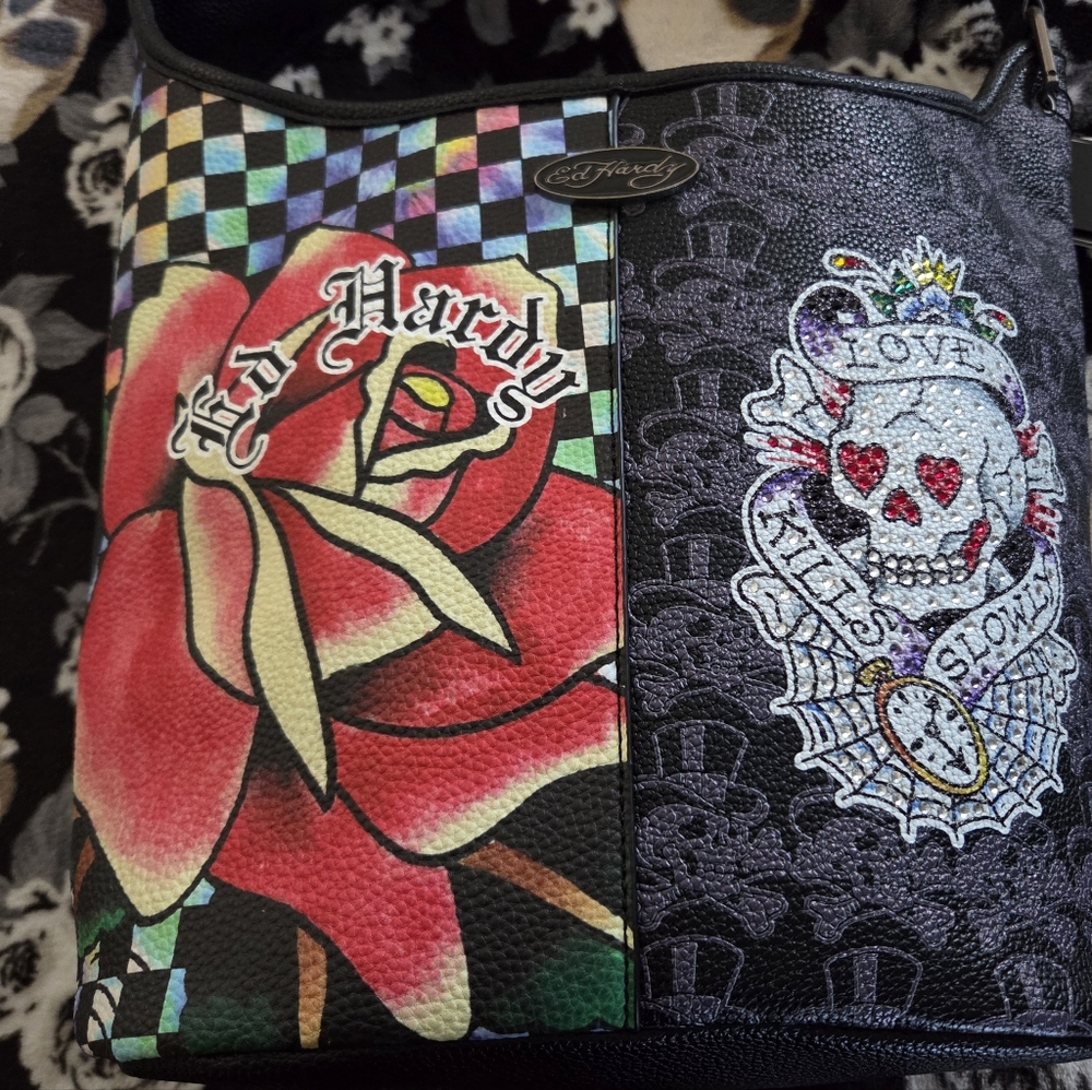 Ed Hardy Multicolor Rose and Skull Shoulder Bag